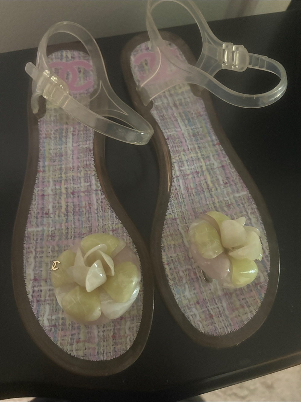 Rehab Clear Jelly Floral Sandals in Pastel Pink and Yellow, size 39